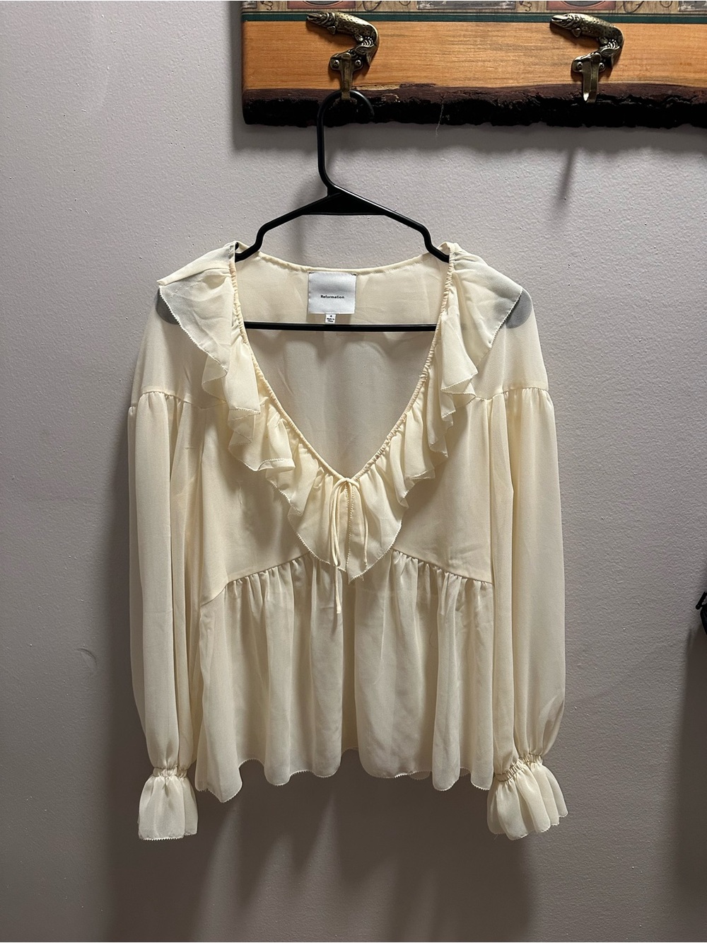 Reformation Ruffled V-Neck Cream Blouse - Womens Top